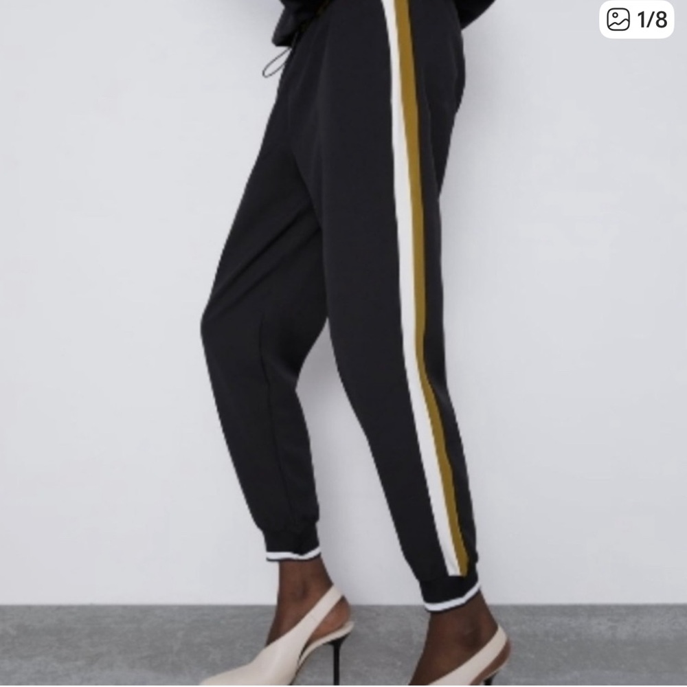 Zara Black Joggers with Gold and White Stripes